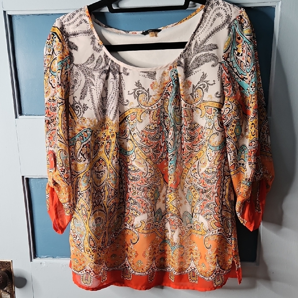 Milano Paisley Print Women's Top - Orange and Tourquist Blue Small
